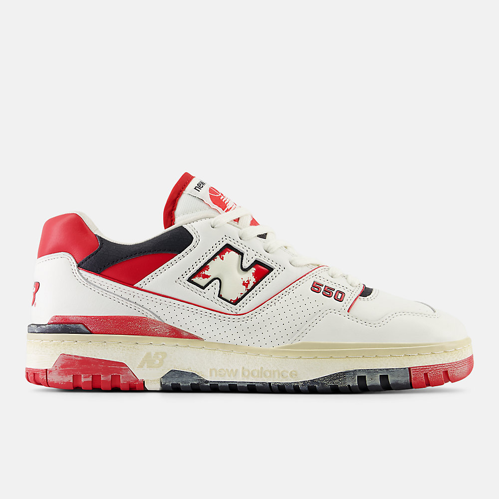 New Balance 550 Shoes Sea Salt with Team Red and Black